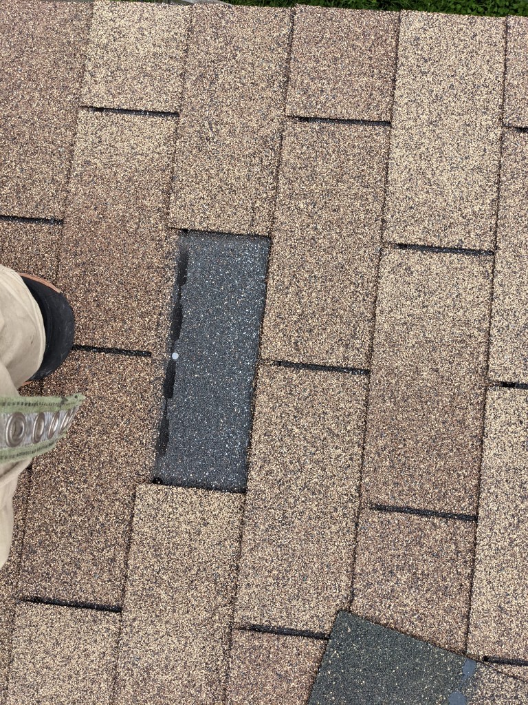 Missing 3-tab shingle exposing the dark underlayer during a professional roof inspection