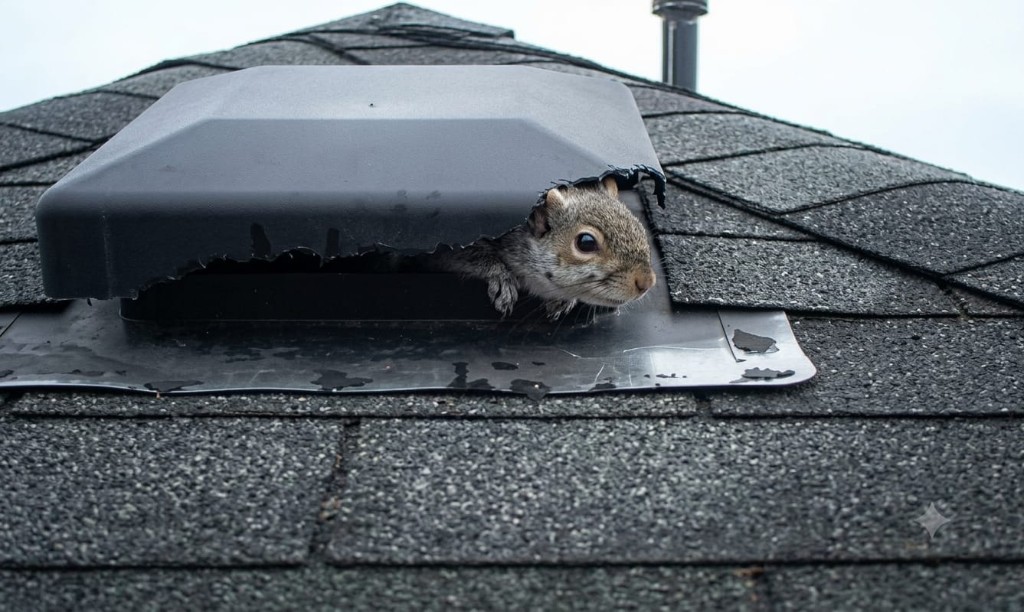 Gray squirrel peeking through a hole chewed in a black plastic roof vent on an asphalt shingle roof