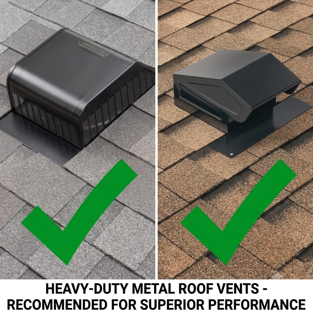 Two styles of heavy-duty metal roof vents recommended for superior performance on asphalt shingle roofs