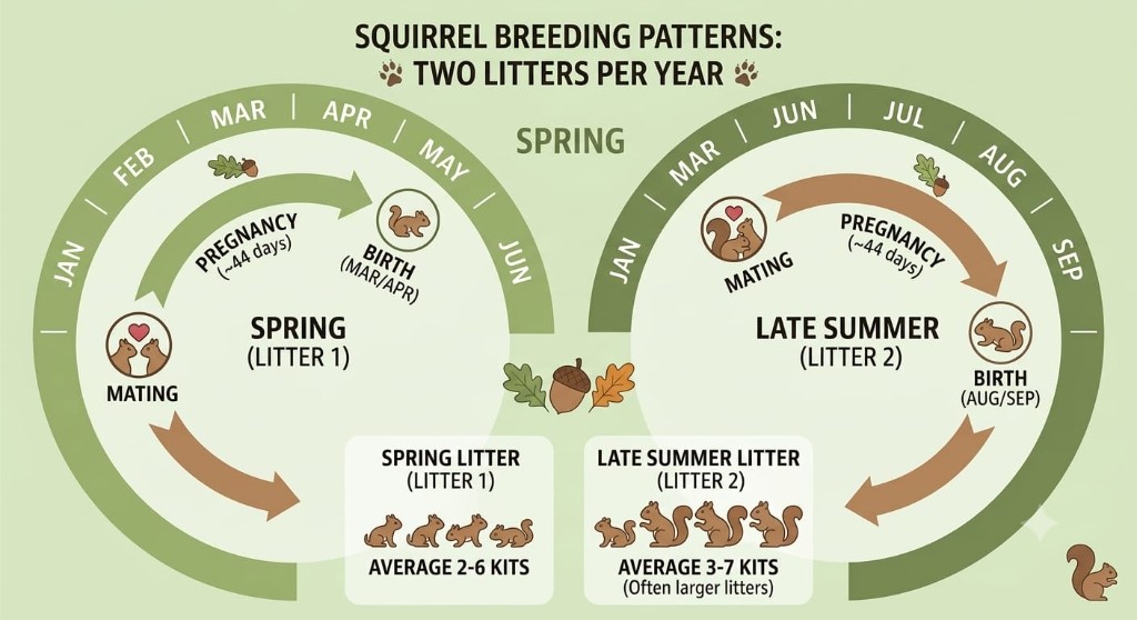 Diagram of squirrel breeding patterns showing two litters per year from January through September