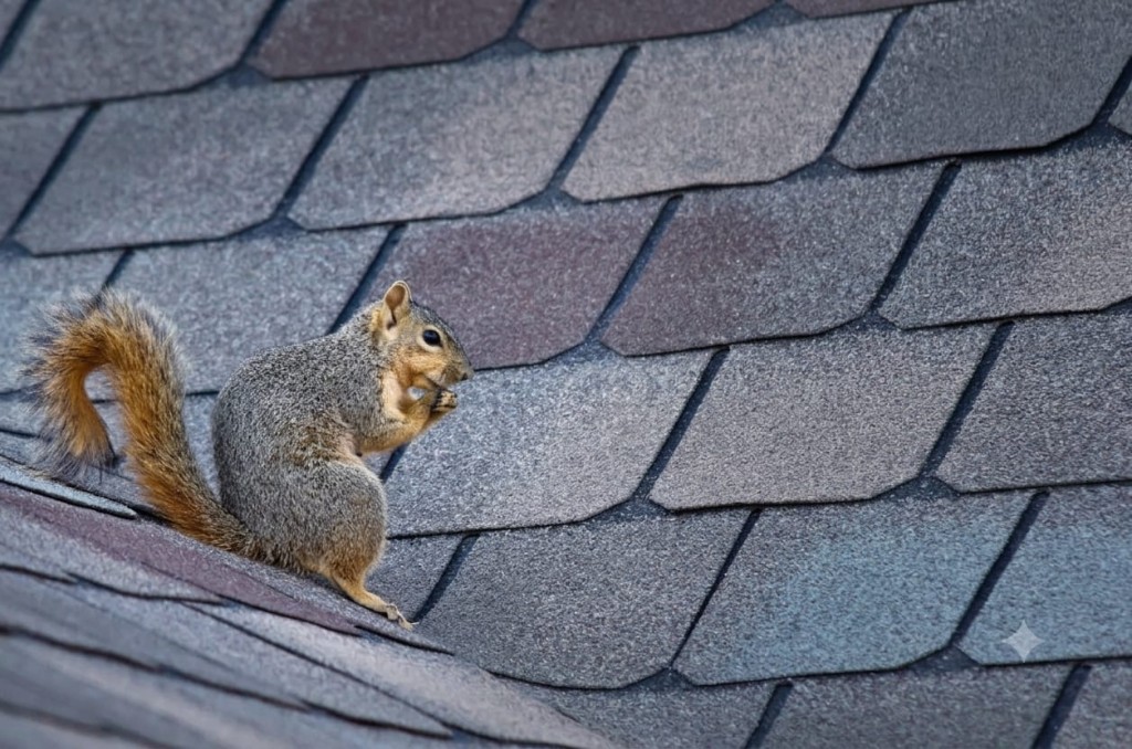 Squirrel sitting upright on a residential asphalt shingle roof while eating