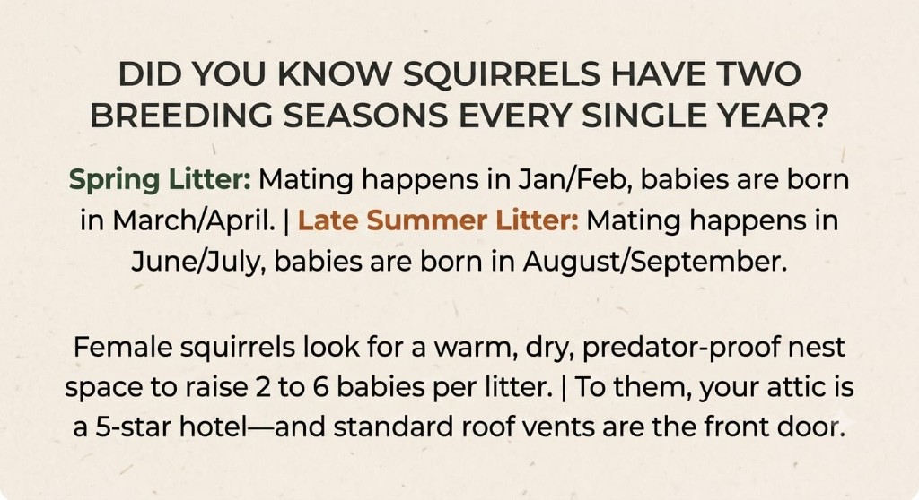 Infographic explaining squirrel spring and late-summer breeding seasons and why attics attract nesting mothers